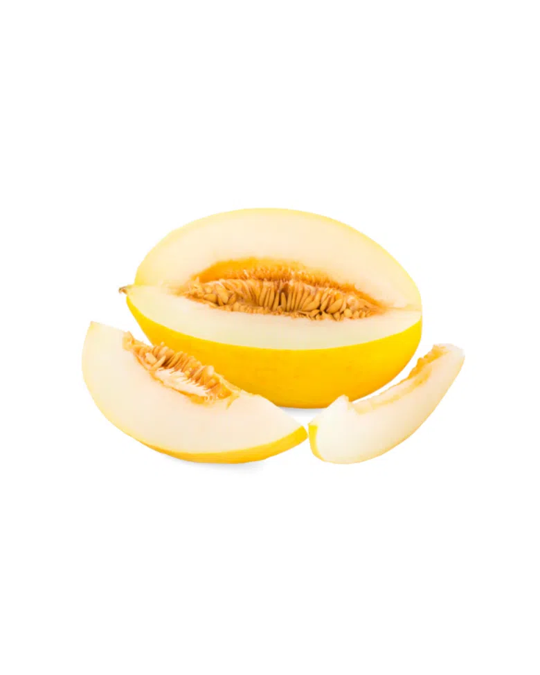 Melone giallo aperto con due fette in primo piano